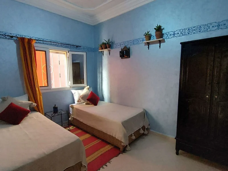 Twin bedroom at Original Surf Morocco in Taghazout featuring blue walls, white ceiling, potted plants on shelves, and red runner rug.