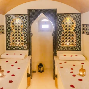 Traditional Moroccan hammam interior with mosaic tiling