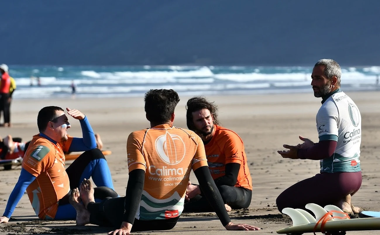 Surf students with instructor on Famara beach in front of Risco de Famara cliffs, Lanzarote