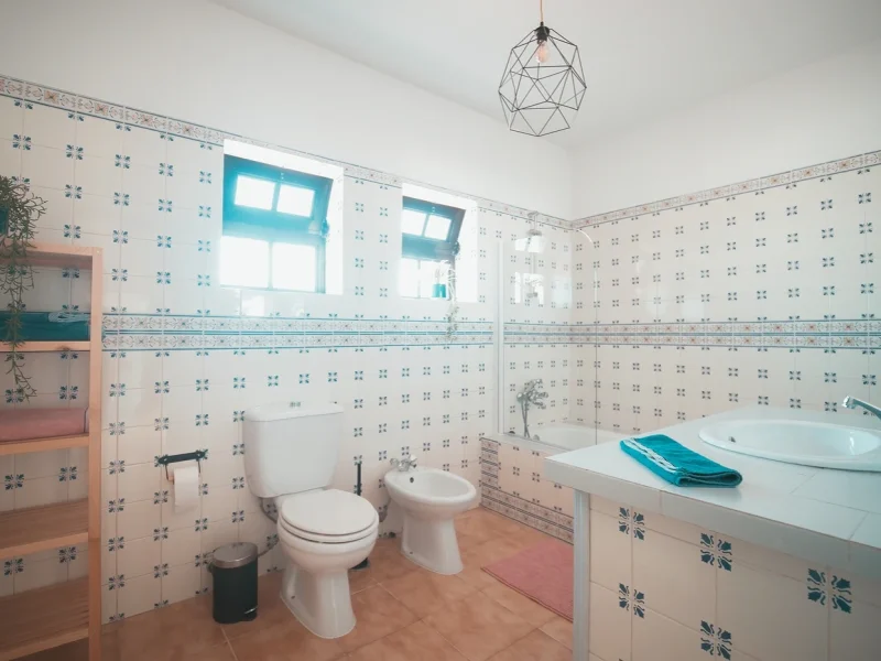 Bathroom with blue patterned tiles, toilet, bidet, and sink vanity with mirror in SURFinn Algarve dorm.