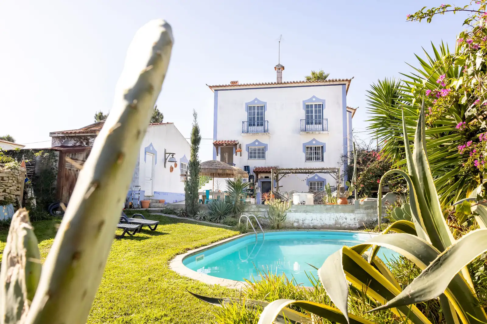 Stoke Surf House Portugal in Santa Cruz mit weißen Gebäuden mit blauer Verzierung, einladendem Pool und gepflegtem Rasen mit Kakteen unter sonnigem Himmel.