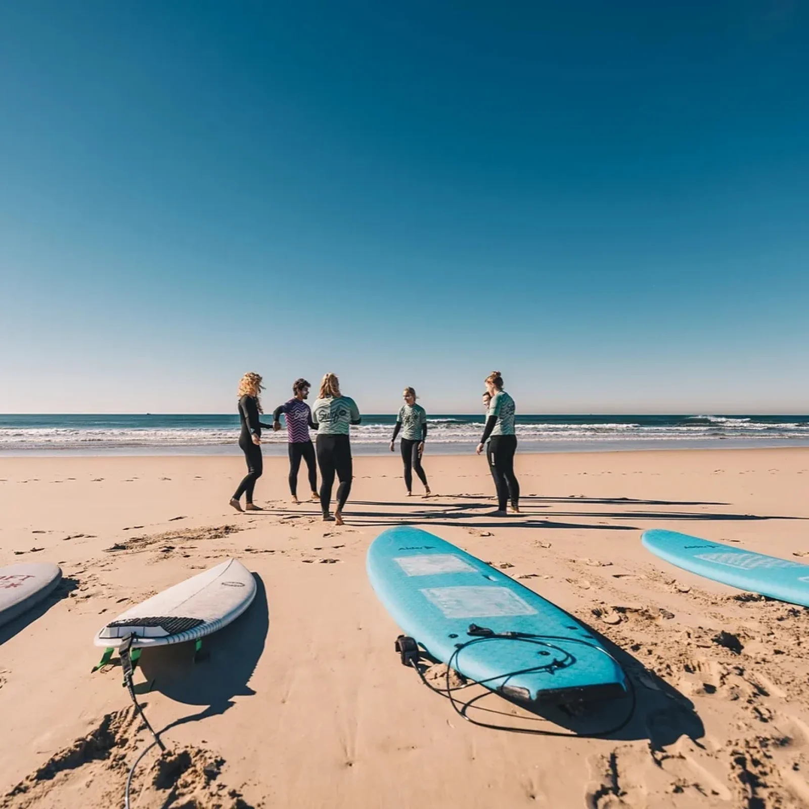 Un groupe de cinq surfeurs en combinaisons se tient sur une plage de sable près de planches de surf bleues et blanches, avec l'océan Atlantique visible en arrière-plan.