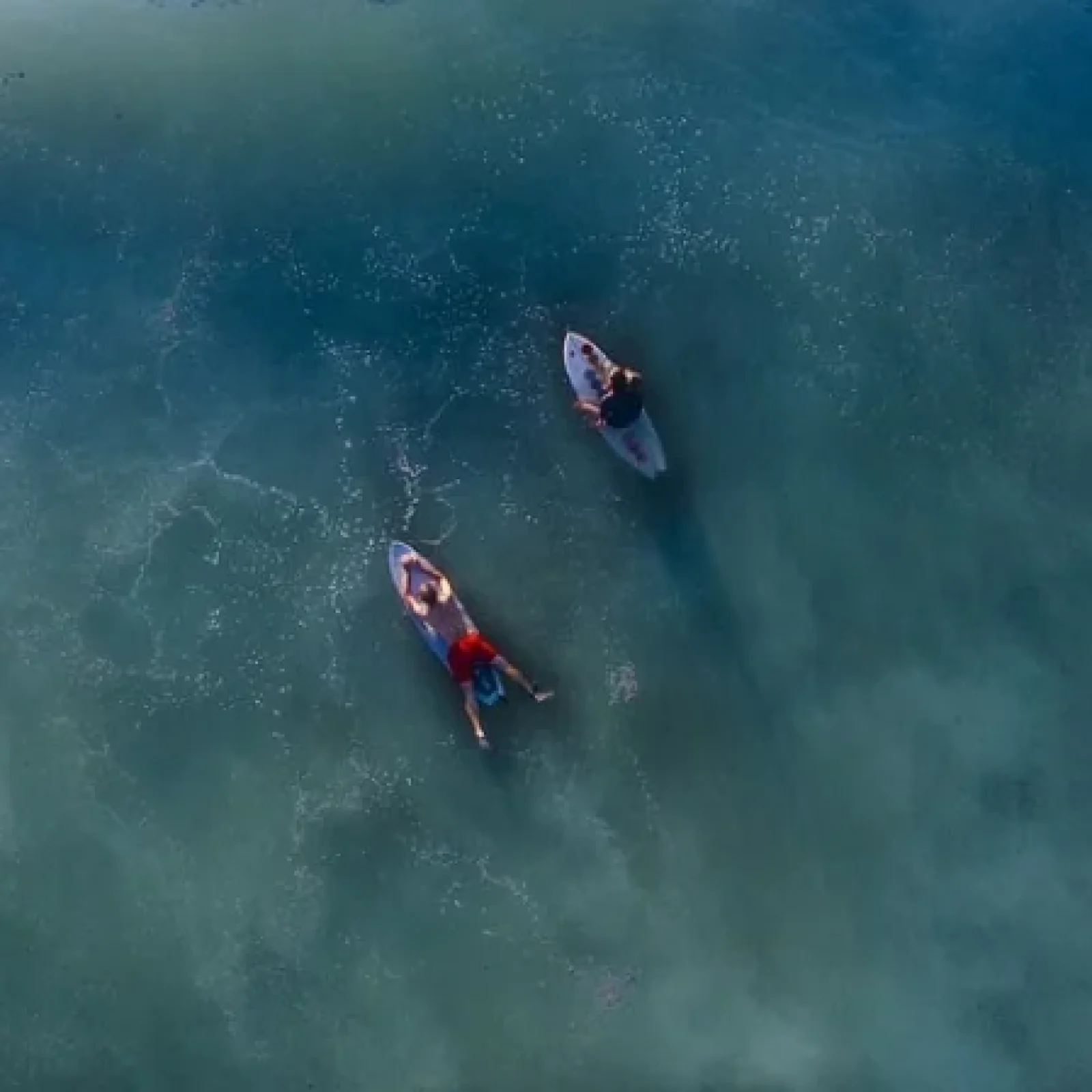 Deux surfeurs sur planches en eau turquoise peu profonde vus d'en haut