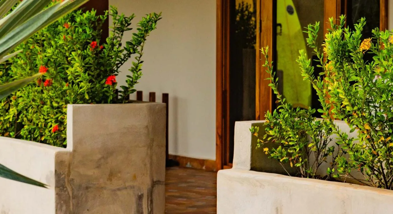 Terrasse von Casa Las Flores mit Topfpflanzen und roten Blumen, El Salvador