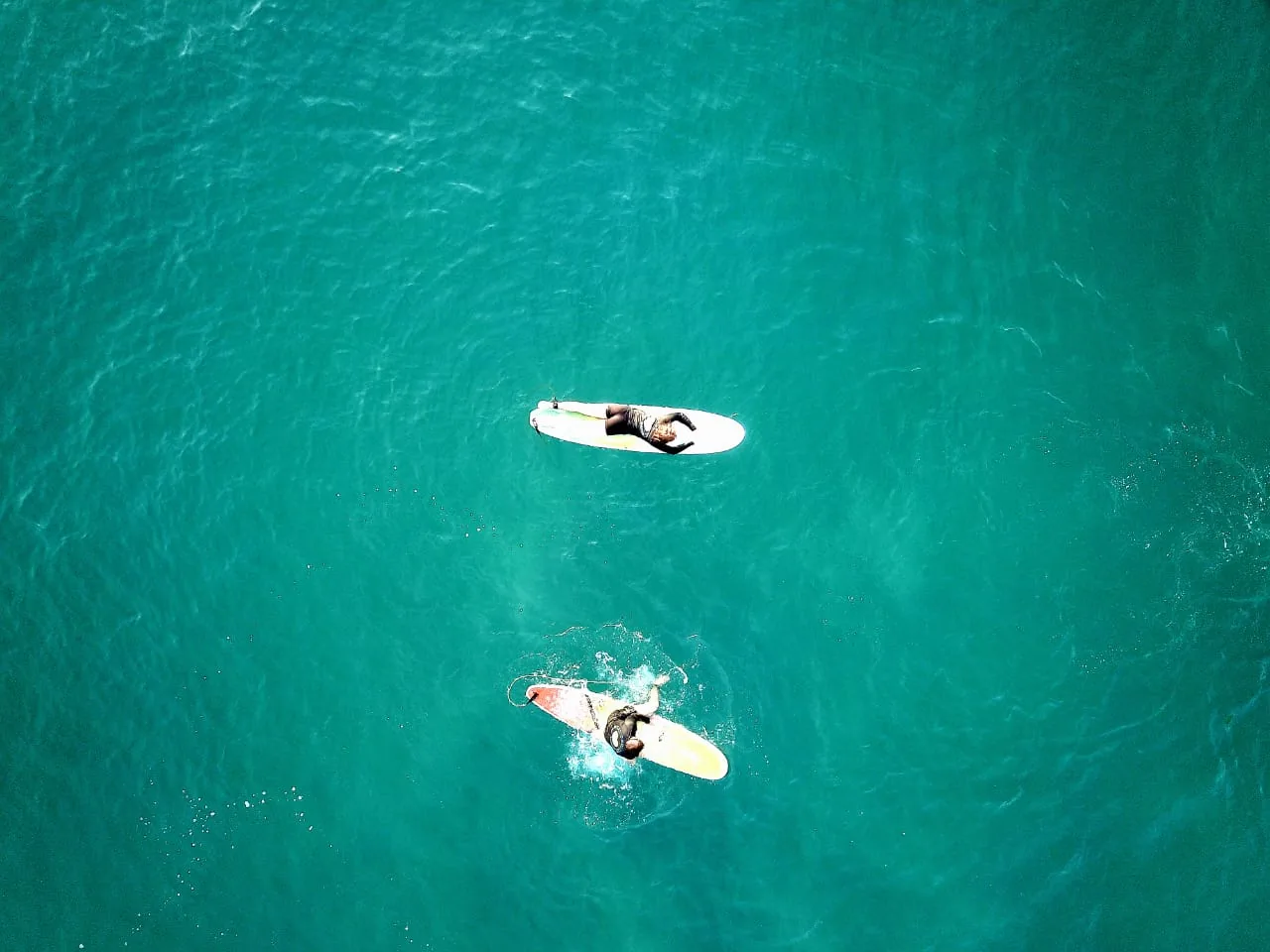Arugam Bay aerial Aerial view of two surfers on white and yellow surfboards paddling in turquoise water at Arugam Bay