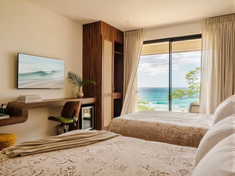 Double queen bedroom at Iguana Surf Boutique Hotel overlooking Tamarindo coastline and Pacific Ocean with turquoise waters.